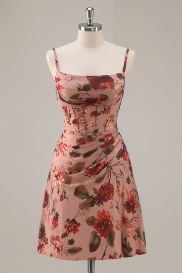 Printed A Line Dusty Rose Corset Cocktail Dress